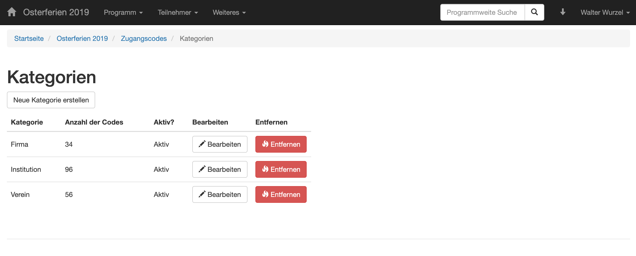 Zugangscodekategorien